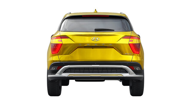 UK, London. July 1, 2023. Hyundai Creta 2022. Yellow compact-size SUV for family and work on a white background. 3d illustration.