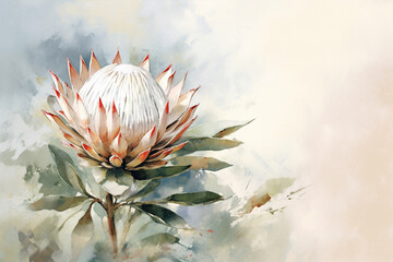 Watercolor painting of a protea flower on a watercolor background - obrazy, fototapety, plakaty