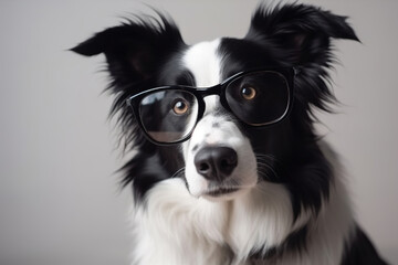 Portrait of a beautiful border collie wearing glasses on a white background. Front view cute dog sitting with glasses. Realistic 3D illustration. Generative AI