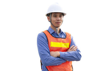 Male industrial engineer in uniform on white background safety equipment