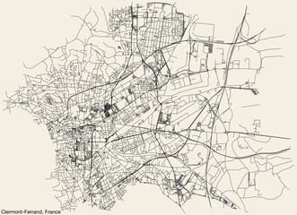 Detailed hand-drawn navigational urban street roads map of the French city of CLERMONT-FERRAND, FRANCE with solid road lines and name tag on vintage background