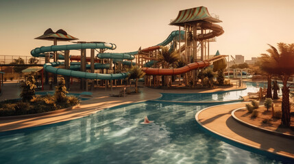 Fototapeta na wymiar Waterpark with lots of water slide rides and fun games