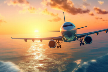 Airplane flying over the sea at sunset. 3d render.