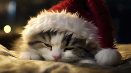 Fototapeta na wymiar Cute kitten wearing a santa hat.