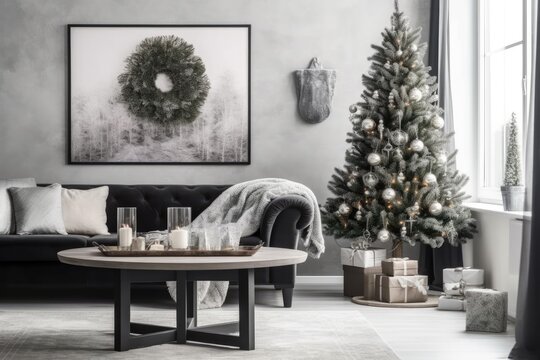 A contemporary living room interior design featuring a Christmas tree, a dark wood table with decorations, and a mock-up of a picture frame on a white wall. During the holiday season, the living room.