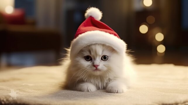 Cute kitten wearing a santa hat.