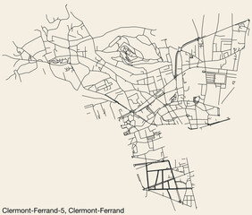 Detailed hand-drawn navigational urban street roads map of the CLERMONT-FERRAND-5 CANTON of the French city of CLERMONT-FERRAND, France with vivid road lines and name tag on solid background