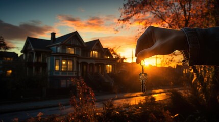 A hand holding a key, poised in front of a beautiful house nestled in a desirable neighborhood.