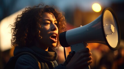 Close-up shot of protester holding megaphone amongst crowd of people