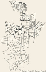 Detailed hand-drawn navigational urban street roads map of the CLERMONT-FERRAND-4 CANTON of the French city of CLERMONT-FERRAND, France with vivid road lines and name tag on solid background