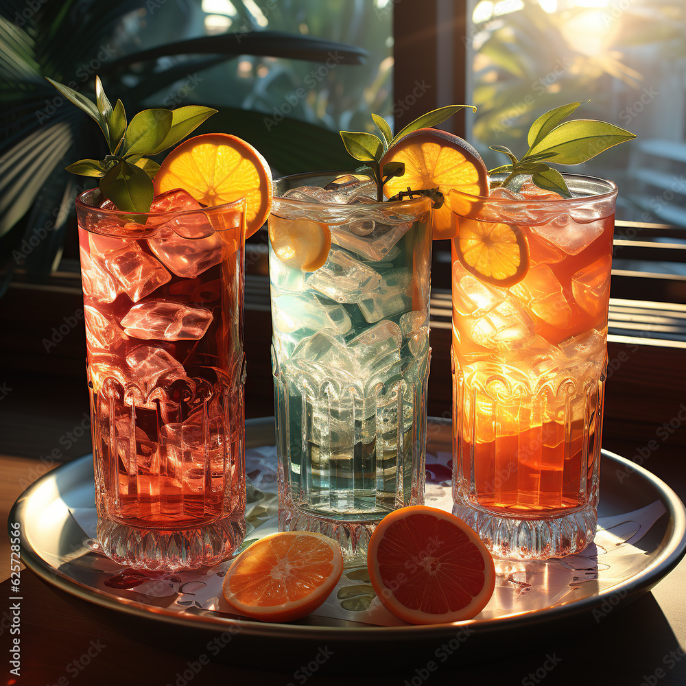 Wall mural Tropical Libations Summer Cocktails on a Wooden Table with a Serene Sea View Generative Ai Digital Illustration