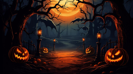 Halloween illustration of spooky Jack O'Lanterns lighting the path to a dark eerie moonlit forest