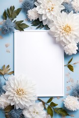 vertical template white blank card on a blue background surrounded by white and blue flowers. generated ai