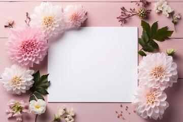 mockup white blank card on pink background surrounded by white and pink dahlia flowers. generated ai