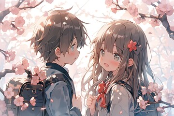 anime cute embarrassed boy and girl in school uniform talking under cherry blossoms. generated ai