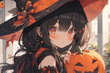 portrait of a cute embarrassed anime girl with black hair and a hat holding a halloween pumpkin in her hand. generated ai