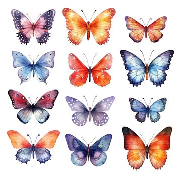 set of cute different multicolored watercolor butterflies isolated on white background. generated ai