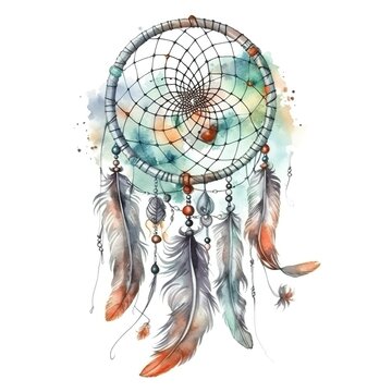 recommend clip art: watercolor image of dreamcatcher with beads and feathers isolated on white background. generated ai