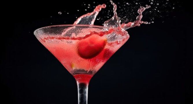 Alcoholic Cocktail isolated on a black background. Colorful Alcoholic Cocktail image with a copy space. Splash. Colorful Alcoholic Cocktail with Fruits and Berries. Drinks. Made With Generative AI.