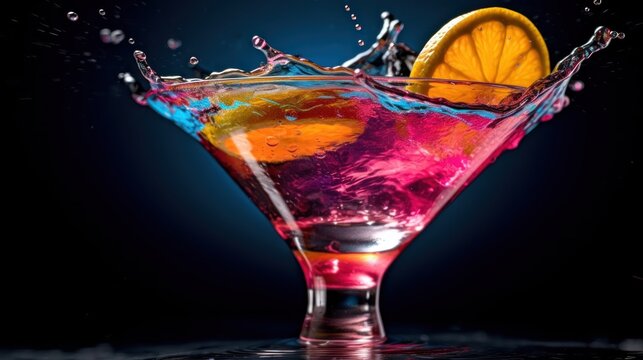 Alcoholic Cocktail isolated on a dark background. Colorful Alcoholic Cocktail image with a copy space. Splash. Colorful Alcoholic Cocktail with Fruits and Berries. Drinks. Made With Generative AI.