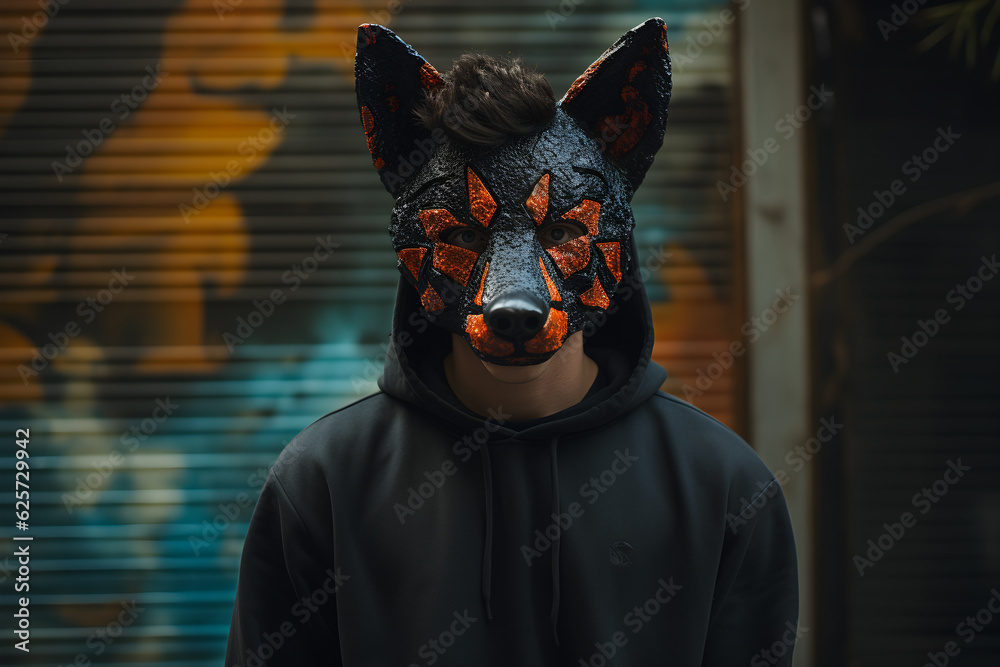 Wall mural Gen Z man portrait wearing a wolf black and orange mask.