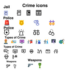 Legal, law, and justice icon set, crime icons set, simple style.simple Set of Crime Related Vector Line Icons. Contains such Icons as Robbery, Terrorism, Piracy, Hacking, and more. Editable Stroke.