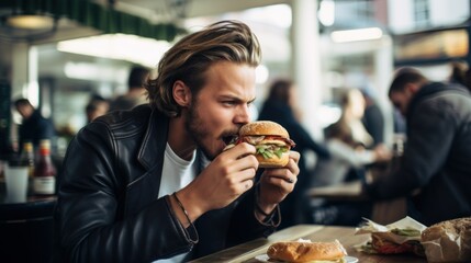 a candid photo of a hungry handsome model young man eats a american burger outside at the fast food...
