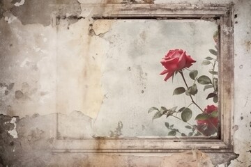 Rose mockup with a white photo frame that is empty on an aged background. Top view, copy space Creating a home. artistic idea