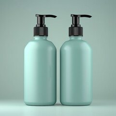 Two plastic dispenser bottle mockup, cosmetic and care product pump bottle front view