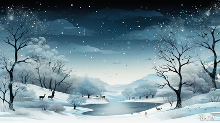 A painting of a snowy landscape with trees and animals. Generative AI. Winter greeting card design, wintertime background with copy space, place for text.