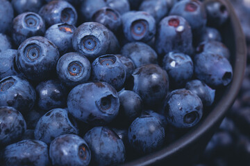 Fresh blueberries in black bowl. Bowl filled with ripe blueberries. Macro shot. Blueberry background.