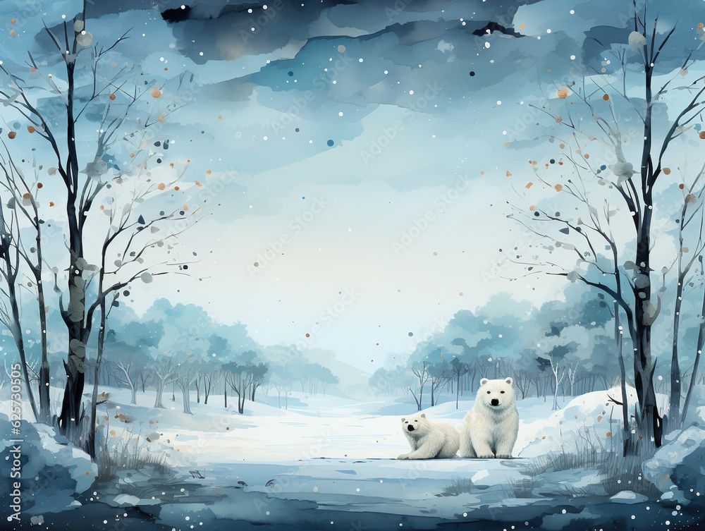 Fototapete a painting of two polar bears in a snowy forest. generative ai. winter greeting card design, wintert