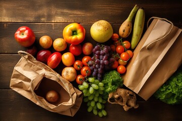 Paper grocery bag with fresh vegetables, fruits, milk and canned goods on wooden backdrop. Food delivery, shopping, donation concept. Healthy food background. Flat lay, copy space