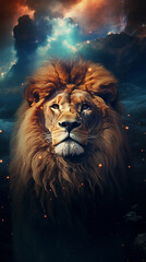 Fototapeta premium leão sábio a olhar, o seu rosto a confundir-se com a galáxia, rei leão