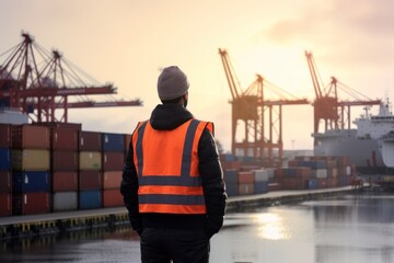 A worker in an orange vest stand his back, blurred seaport background. Sea port generative AI image - obrazy, fototapety, plakaty