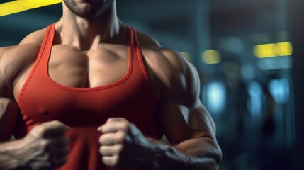 Fototapeta na wymiar Boxer banner. Muscular male torso, blurred GYM background. Man shows muscles. Generative AI image