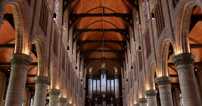 Interior view of historic Nieuwe Church in Delft city , Netherlands. Nieuwe Church is second tallest church in the Netherlands, 108.8mts tall.