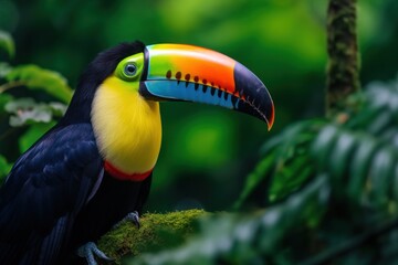 Fototapeta premium Wild toucan portrait, blurred green forest background. Exotic tropical big horn bird. Generative AI wildlife