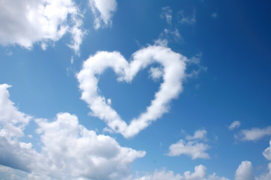 Heart symbol made by clouds on blue sky. Romantic abstract sign. Generative AI love story