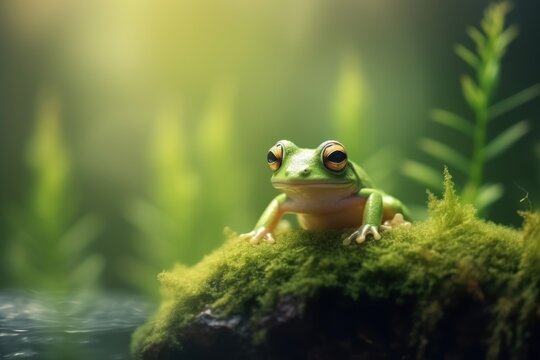 Frog on a leaf close up. Wild frog in tropical forest macro view. Generative AI froggy image