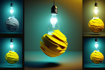 Yellow 3d scrap paper ball with illustration painting for virtual lightbulb. It is creative thinking idea for problem solving and innovation concept.