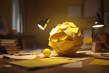 Yellow 3d scrap paper ball with illustration painting for virtual lightbulb. It is creative thinking idea for problem solving and innovation concept.