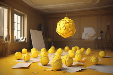Yellow 3d scrap paper ball with illustration painting for virtual lightbulb. It is creative thinking idea for problem solving and innovation concept.
