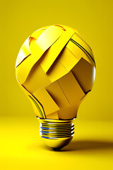 Yellow 3d scrap paper ball with illustration painting for virtual lightbulb. It is creative thinking idea for problem solving and innovation concept.