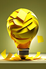 Yellow 3d scrap paper ball with illustration painting for virtual lightbulb. It is creative thinking idea for problem solving and innovation concept.