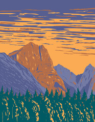 WPA poster art of Hozomeen Mountain on the east side of Ross Lake in the North Cascades within Ross Lake National Recreation Area in Washington State USA done in works project administration.  © Redwater Vectors