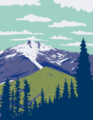 WPA poster art of Glacier Peak or Dakobed in Cascade Volcanic Arc within Glacier Peak Wilderness in North Cascade, Washington State, United States USA done in works project administration. © Redwater Vectors