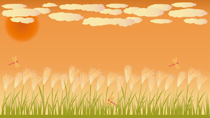 ススキと赤とんぼと夕暮れの秋をイメージしたイラスト　アスペクト比16：9バージョン © Rica Nohara