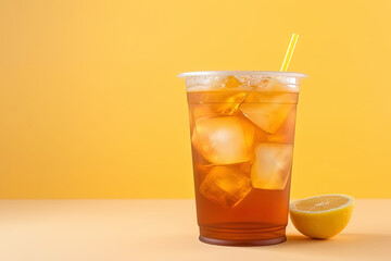 Iced lemon tea on plastic takeaway glass