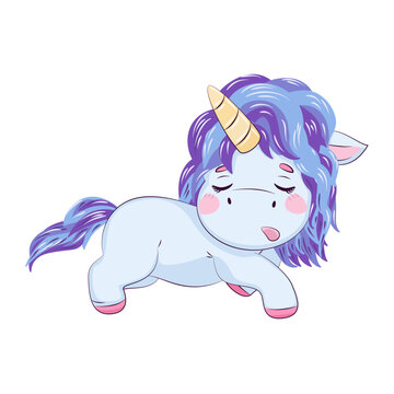 Kresk&oacute;wkowy uroczy jednorożec w stylu kawaii. Śpiący mały kucyk. Ilustracja wektorowa na białym tle.